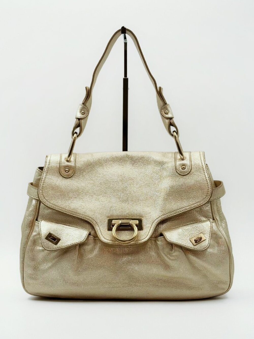 Salvatore Ferragamo Gancini Metallic Gold Leather Shoulder Bag Satchel
